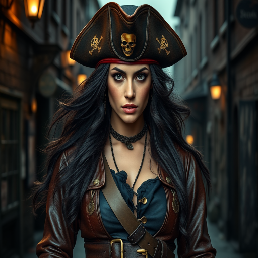 Create a portrait of a fierce female pirate. She wears a leather tricorn hat adorned with a skull and crossbones emblem, and her long, dark hair flows around her face. Her outfit consists of a richly detailed leather jacket, a corset, and multiple layers of belts and accessories, giving her a formidable and stylish appearance. She stands confidently in a dimly lit, historic port town, with a backdrop of weathered buildings and cobblestone streets, capturing the adventurous spirit of a pirate.