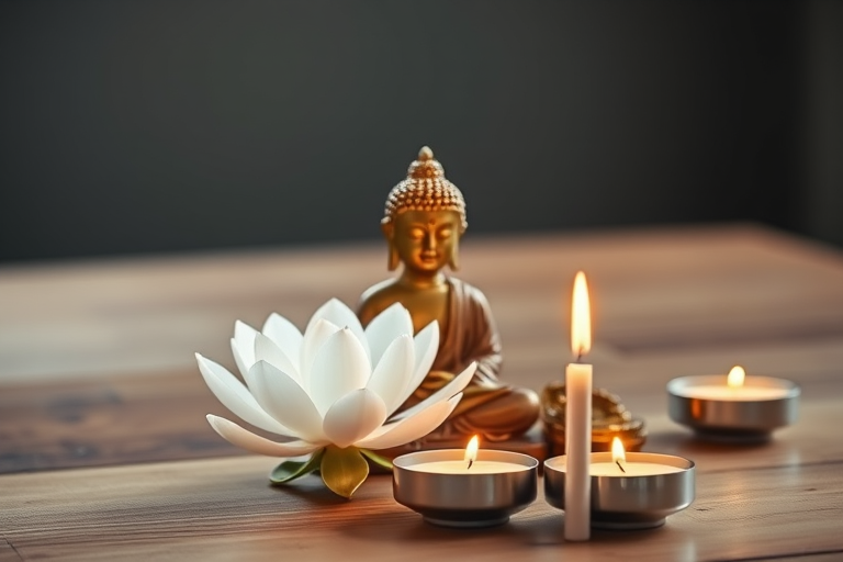A serene still life composition featuring a golden Buddha statue with a white lotus flower and lit candles on a wooden surface, captured with a DSLR camera at f/2.8 aperture, ISO 100, 50mm lens, soft natural light from the left side, shallow depth of field for a blurred background effect.