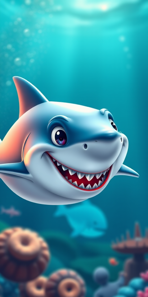 Create a vibrant cartoon shark with exaggerated features swimming in a playful manner, use a 50mm lens, f/2.8 aperture, ISO 100, shoot from a slightly low angle, use a digital camera, enhance color saturation for a lively effect.