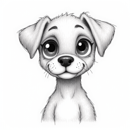 A doodle style pencil sketch illustration of a beautiful young Boxer dog, with large eyes and exaggerated facial features. White background