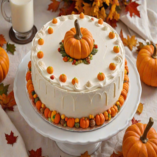 Create an image of a tall cake decorated with small orange pumpkin decorations made of frosting. The cake should have a cream-colored frosting with a smooth finish, topped with a decorative swirl. Surround the cake with small real pumpkins and autumn leaves on a white tablecloth. Include a glass of milk and a few more autumn-themed decorations in the background.