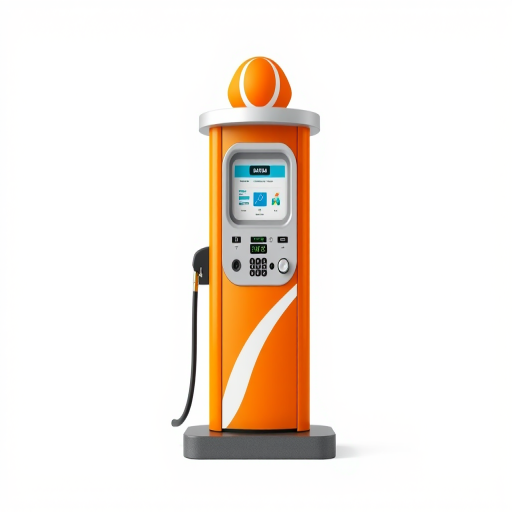 Create a high-resolution vector image of a fuel pump with an orange color scheme on a white background, using a DSLR camera with a 50mm lens, aperture f/2.8, ISO 100, and a slight overhead view to enhance clarity and depth.
