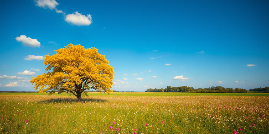 regenerate a serene landscape featuring a vibrant tree in a field of wildflowers under a clear blue sky, include details such as soft clouds and distant trees, camera settings: ISO 100, f/8, shutter speed 1/200, camera view: landscape, camera style: photographic realism, camera type: DSLR