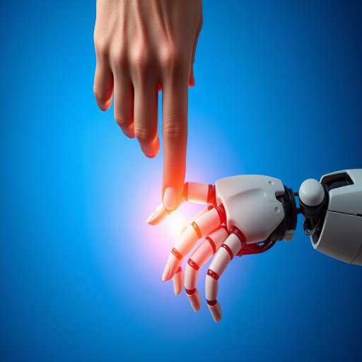 Generate an image of a human hand and a robotic hand nearly touching, set against a gradient blue background with a glowing light at the point of contact, using a Canon EOS R5 camera, f/8 aperture, 1/200 sec shutter speed, ISO 100, 50mm lens, shot in high dynamic range for enhanced details.