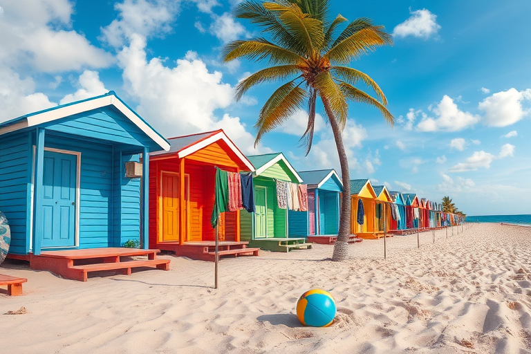 generate a vibrant beach scene with colorful beach houses, a palm tree, clothes hung on a line, and a beach ball on the sand; camera type: DSLR, camera style: wide-angle, camera settings: aperture f/8, shutter speed 1/200 sec, ISO 100, focus mode: manual.