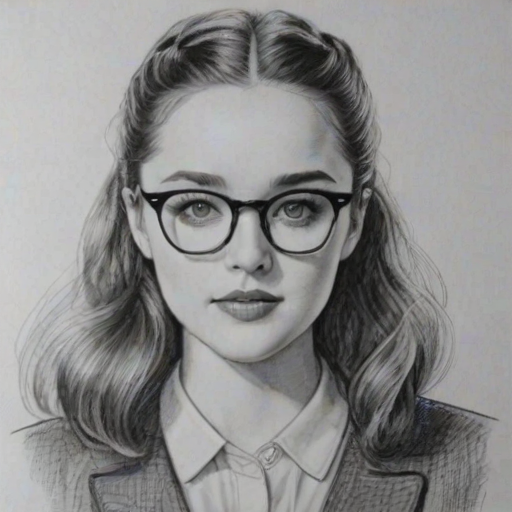 Gorgeous Madison Davenport, pencil sketch, portrait of Appealing woman 1938s in glasses, hair style beatnik, outline, clear lines, fine lines, 8k