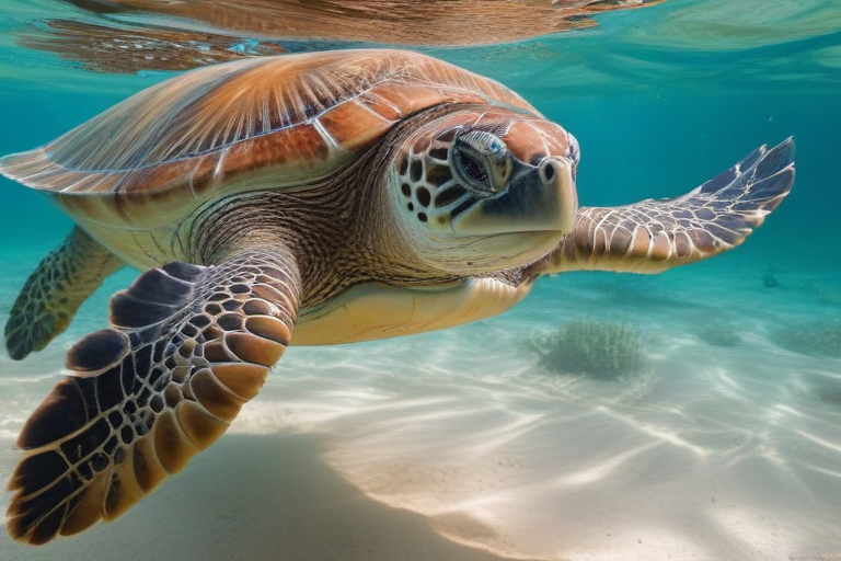 Majestic Sea Turtle Gracefully Swimming Through Crystal Clear Ocean Waters.