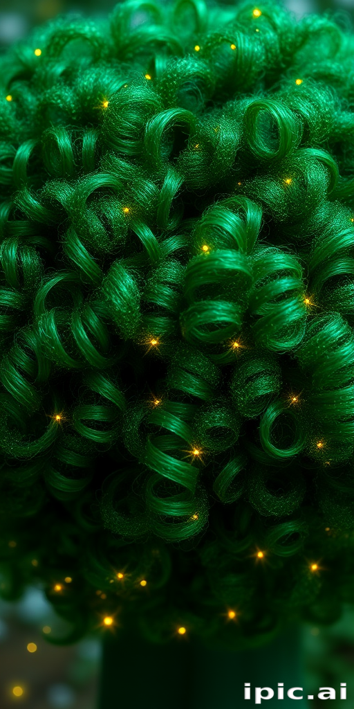 Emerald green curls arranged in a voluminous afro, interspersed with tiny twinkling fairy lights, creating a magical forest canopy effect that mesmerizes viewers.