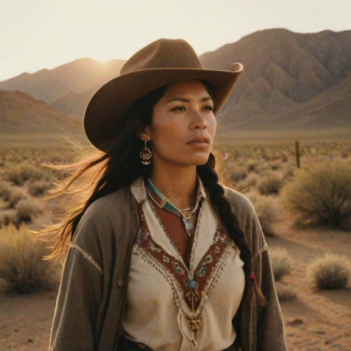 Dramatic photo of a beautiful Quechua woman, classic cowboy attire, confident and free spirit expression, half-length portrait, centered, golden hour desert landscape, warm, diffused light, low angle, medium format film camera, in style of Annie Leibovitz.