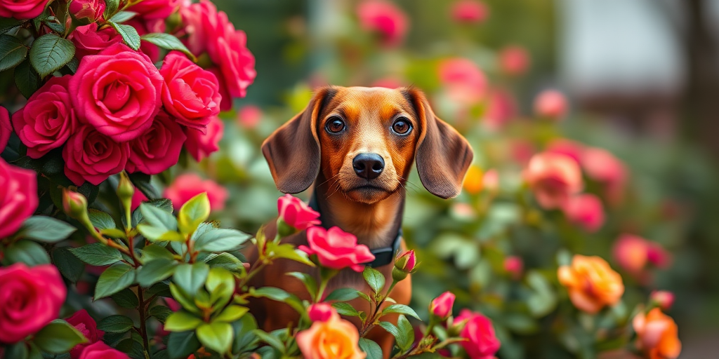 Dachshund in a vibrant rose bush, photo taken with a Canon EOS R5, 85mm lens, f/1.8 aperture, ISO 100, natural light, shallow depth of field, soft focus background.