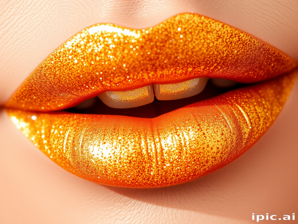 Shimmering gold lip gloss named "Solar Flare" with micro-fine glitter particles, creating a dazzling, multi-dimensional effect on the lips
