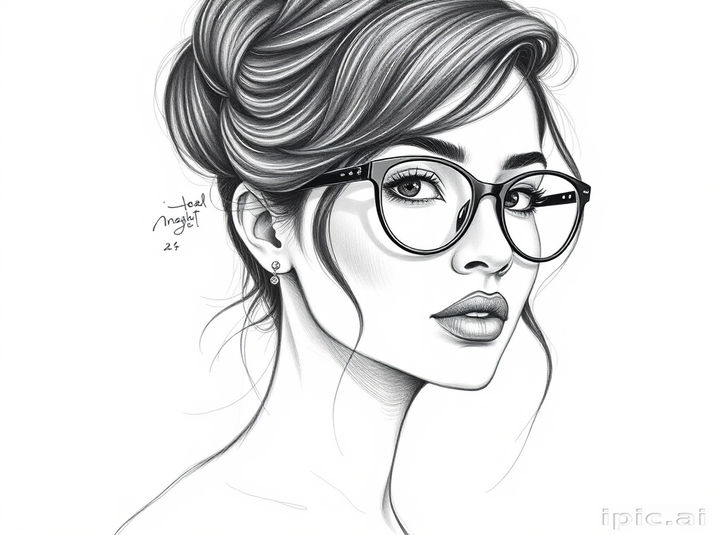 hot mia khalifa, pencil sketch, portrait of beautiful woman 60s in glasses, hair style beatnik, outline, clear lines, fine lines, 8k