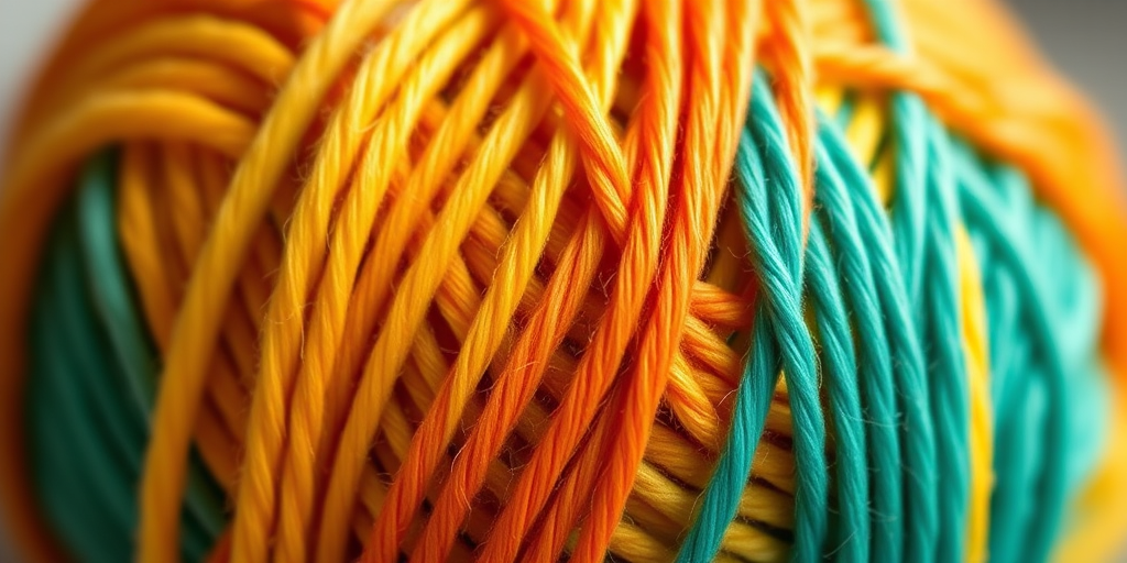vibrant yarn ball with gradient colors of yellow, orange, and teal, captured in high-resolution macro view, 50mm lens, aperture f/2.8, ISO 100, natural soft lighting, shallow depth of field, DSLR camera