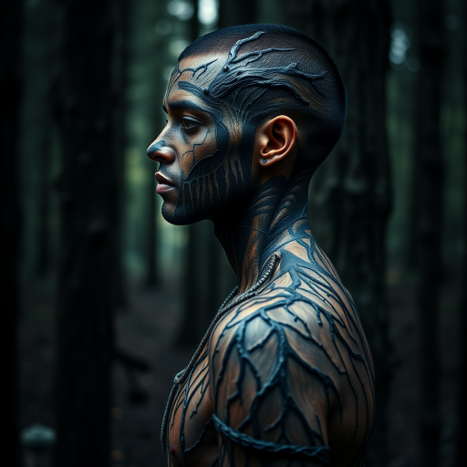 Create a hyper-realistic image of a person with intricate body paint resembling tree bark and roots, using a Canon EOS R5 with a 50mm f/1.2 lens, aperture set to f/2.8, ISO 100, and a soft focus background, capturing the subject in a dramatic side profile against a textured dark forest backdrop.