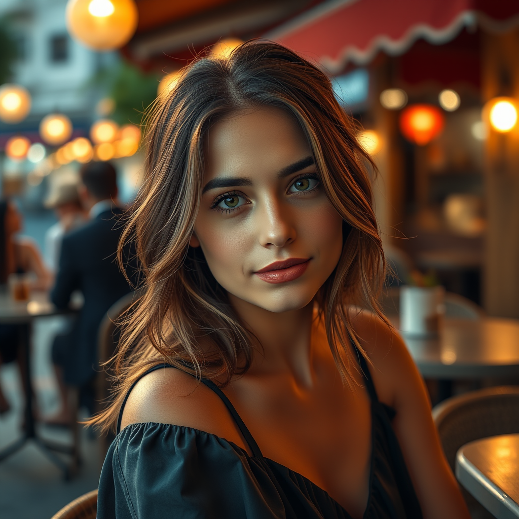 photo of young [woman:Ana de Armas:0.4], highlight hair, sitting outside restaurant, wearing dress, rim lighting, studio lighting, looking at the camera, dslr, ultra quality, sharp focus, tack sharp, dof, film grain, Fujifilm XT3, crystal clear, 8K UHD, highly detailed glossy eyes, high detailed skin, skin pores