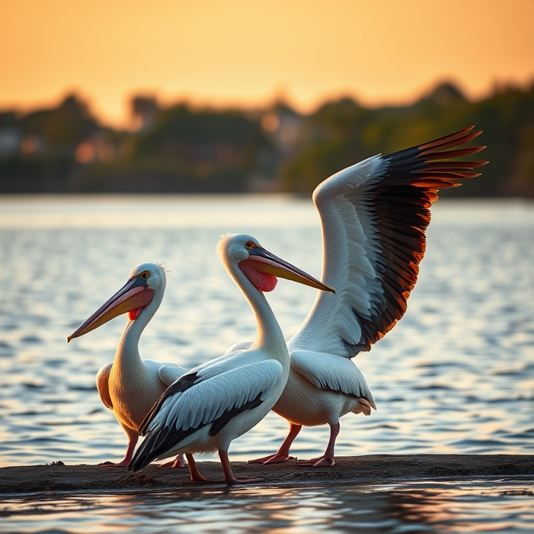Capture a scene of two pelicans by a tranquil lake, focusing on their majestic wings spread wide, with a shallow depth of field and vibrant colors, using a Canon EOS 5D Mark IV, 70-200mm lens at f/4, ISO 200, 1/500s, natural light during golden hour.