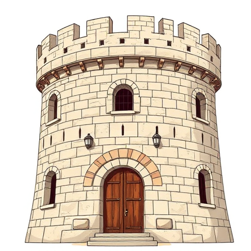 Create a detailed illustration of a medieval stone tower with a crenellated top, featuring arched windows with wooden shutters and a sturdy wooden door, in a high-resolution digital format, using a DSLR camera with a 50mm lens at f/8, ISO 100, and a slight tilt-shift effect for depth.