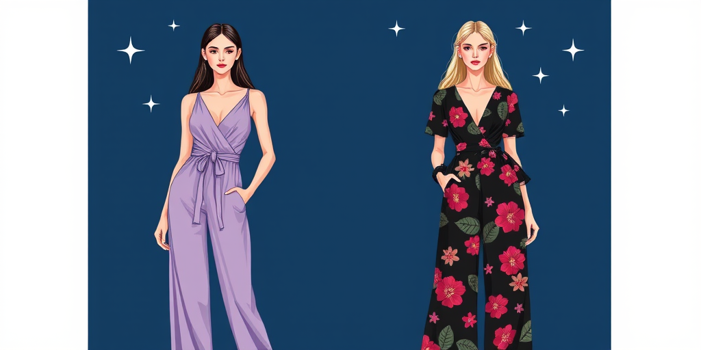 Create an illustration of two fashion models posing side by side, one in a lavender jumpsuit and the other in a black floral jumpsuit, against a dark blue background with sparkling stars; Camera Settings: ISO 100, Aperture f/8, Shutter Speed 1/125s; Camera View: Front View; Camera Style: Fashion Photography; Camera Type: DSLR.
