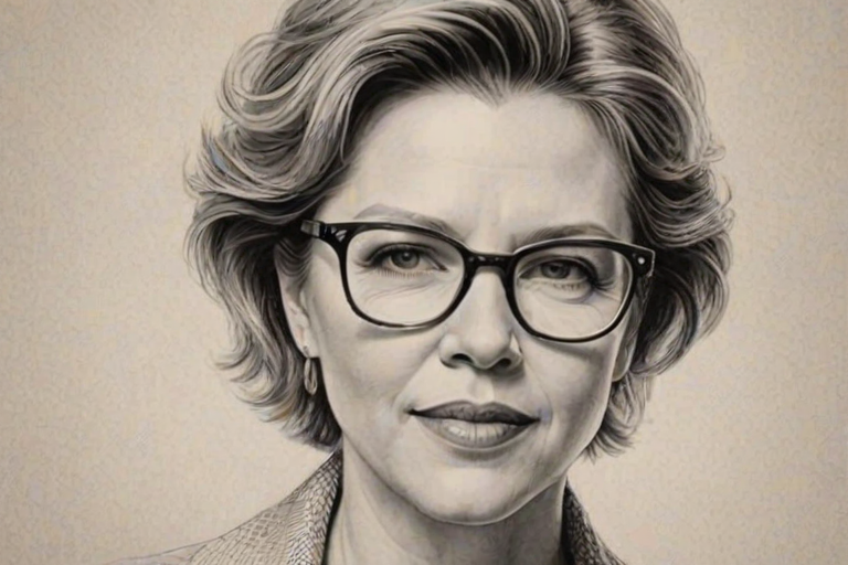 Enchanting Annette Bening, pencil sketch, portrait of Exquisite woman 1977s in glasses, hair style beatnik, outline, clear lines, fine lines, 8k