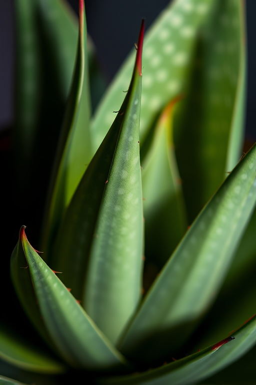 Close-up shot of an agave plant with intricate leaf patterns, low light background, aperture f/2.8, ISO 100, 50mm lens, macro photography style with shallow depth of field, DSLR camera.