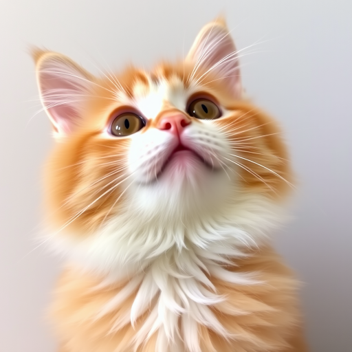 Fluffy orange and white cat with large round eyes looking up adorably against a simple background.
