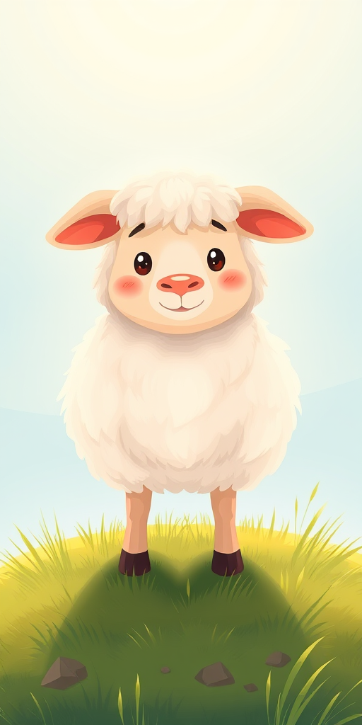 Create a cute, cartoonish illustration of a fluffy sheep standing on a grassy patch under soft sunlight, using a DSLR camera with a 50mm lens, aperture f/1.8, shutter speed 1/250s, ISO 200, in portrait orientation for a vibrant and sharp image quality.