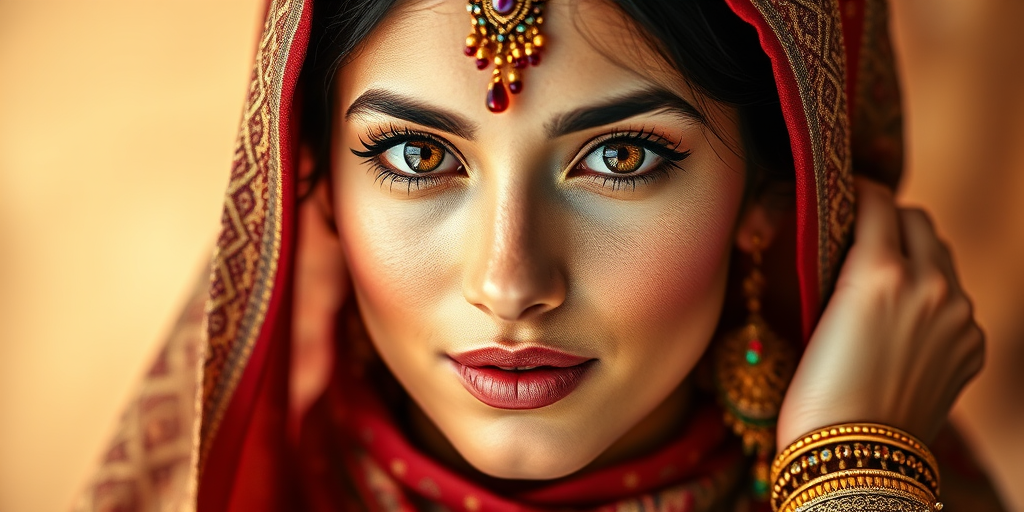 Create a portrait of a beautiful Middle Eastern woman with striking brown eyes and a gentle expression. She is adorned in traditional attire with intricate patterns, including a richly embroidered headscarf and matching garments. Her jewelry includes a delicate headpiece, dangling earrings, and ornate bracelets, all featuring vibrant gemstones and detailed metalwork. The background is soft and warm, enhancing the rich colors of her outfit and jewelry.