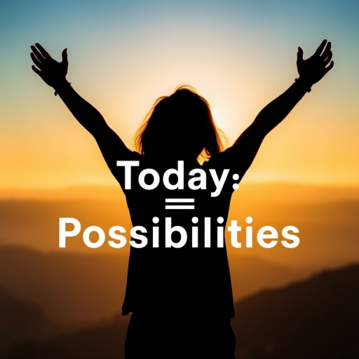 Create a silhouette of a person standing with arms raised against a bright sun, with the text "Today = Possibilities" in an inspiring font, use a shallow depth of field for a soft background, 50mm lens, f/1.8 aperture, ISO 100, shot in natural light for enhanced clarity and vibrancy.
