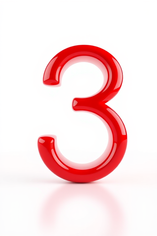 Create a glossy 3D render of the number three in vibrant red, with soft reflections and a smooth surface, using a DSLR camera at f/2.8 aperture, ISO 100, and a 50mm lens to capture sharp details against a clean white background.