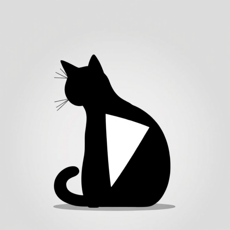 Generate a high-quality illustration of a minimalist black cat silhouette with a white triangular patch on its chest, using a Nikon D850 camera with a 50mm f/1.8 lens, aperture set to f/2.8, ISO 100, in a balanced light setting, with a soft-focused background to emphasize the cat figure.