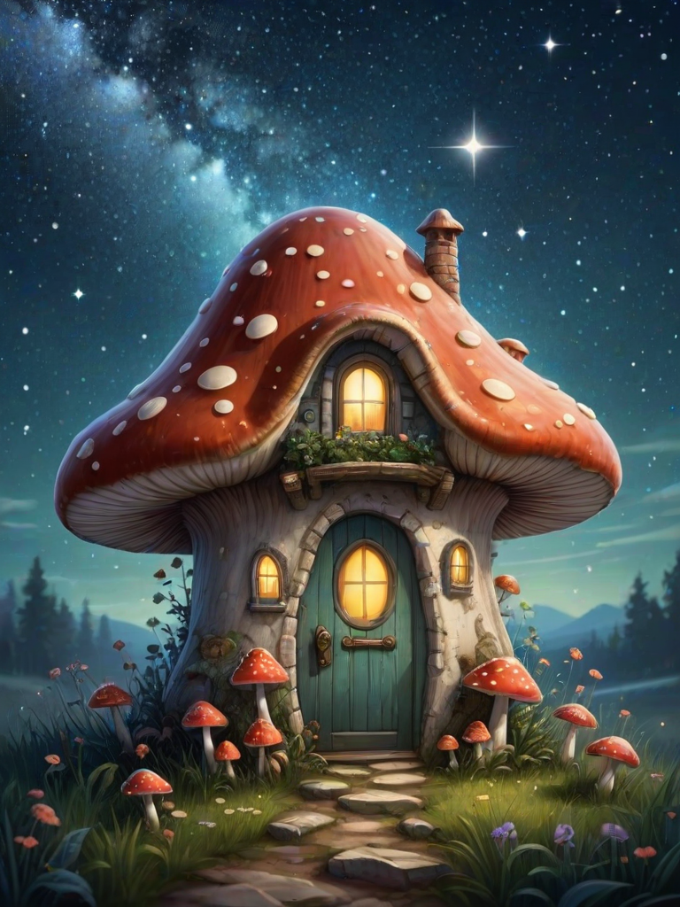 generate illustration of a mushroom house with a door and a window, a storybook , fantasy art, mushroom house, bg starry sky, sparkles