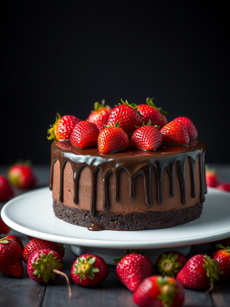 Chocolate cake with strawberries on top rich chocolate ganache dripping down the sides placed on a white plate surrounded by fresh strawberries dark background soft lighting