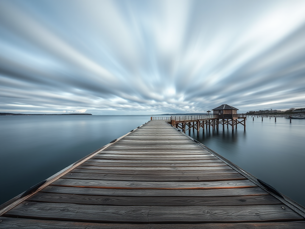 Wide-angle shot of a wooden pier extending into a calm harbor with blurred clouds above, taken with a Canon EOS R5, f/8 aperture, ISO 100, 15-second exposure for long exposure effect, enhanced color contrast and sharpened details.