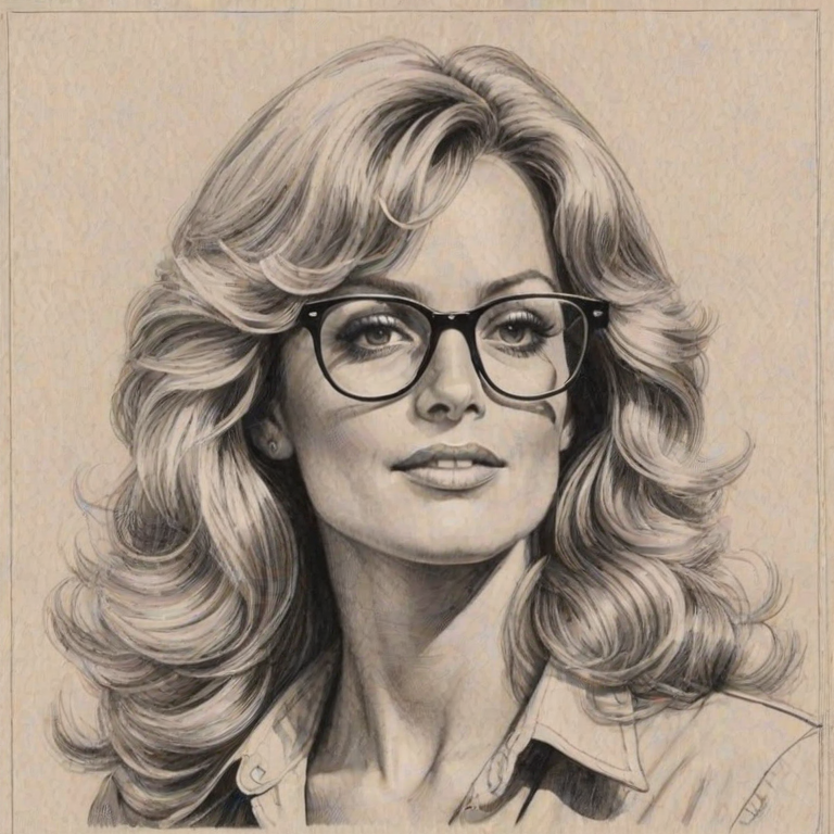 Delightful Farrah Fawcett, pencil sketch, portrait of Resplendent woman 1941s in glasses, hair style beatnik, outline, clear lines, fine lines, 8k