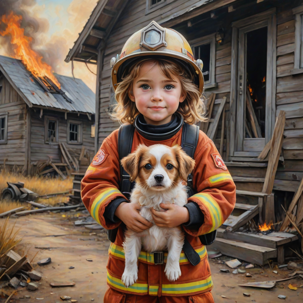 airbrushed oil painting, pixar style, cute little girl in fireman gear, helmet, tousled hair, expressive eyes, standing in the doorstep of a cottage burning behind him, holding a cute little dog in her arm, atumn sky