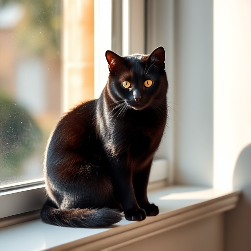 Generate an image of a sleek black cat sitting gracefully on a sunlit windowsill, with a warm golden hue reflecting off its fur, captured in high resolution with a Canon EOS R5, using a 50mm f/1.2 lens, at ISO 100, aperture f/2.8, and a soft bokeh effect in the background for depth.