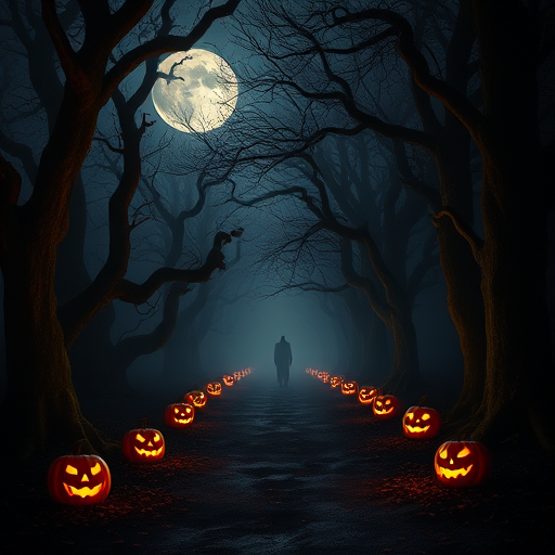 A dark and eerie forest path illuminated by glowing jack-o'-lanterns on either side twisted trees with gnarled branches and a misty atmosphere shadows of mysterious figures in the background and a full moon peeking through the fog creating a haunting and spooky Halloween scene
