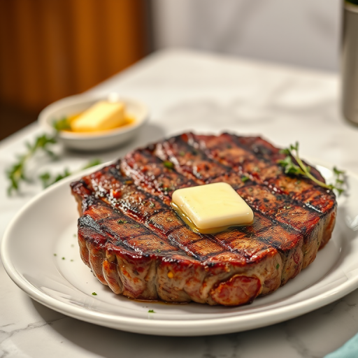 Create an image of a perfectly seared ribeye steak, resting on a white plate with a pat of melting butter on top. The steak is seasoned with fresh herbs like thyme and parsley, with glistening juices highlighting the texture of the meat. The background features a soft focus on a light, marble countertop, with a small dish of butter and an olive oil bottle in the distance. The overall mood should be warm and inviting, capturing the deliciousness and juiciness of the steak.
