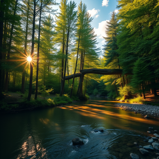 Create an image of a serene, sunlit forest scene with a clear, gently flowing river. Tall trees with lush green foliage line both sides of the river, their leaves bathed in the warm golden light of the setting or rising sun. The sunlight filters through the trees, casting soft, dappled light on the river, which flows over smooth rocks and pebbles, creating a peaceful, natural atmosphere. The sky is bright with a few scattered clouds, and the overall mood is tranquil, evoking a deep sense of connection with nature. The image captures the beauty of a calm, pristine forest landscape at either dawn or dusk.