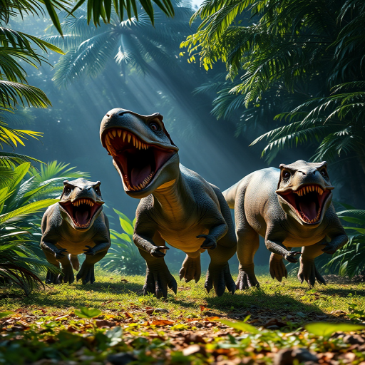 Five roaring dinosaurs running through a lush, green jungle with dramatic lighting, captured with a Canon EOS R5 at 24mm, f/2.8, ISO 100, in a low-angle perspective to enhance their size and ferocity.