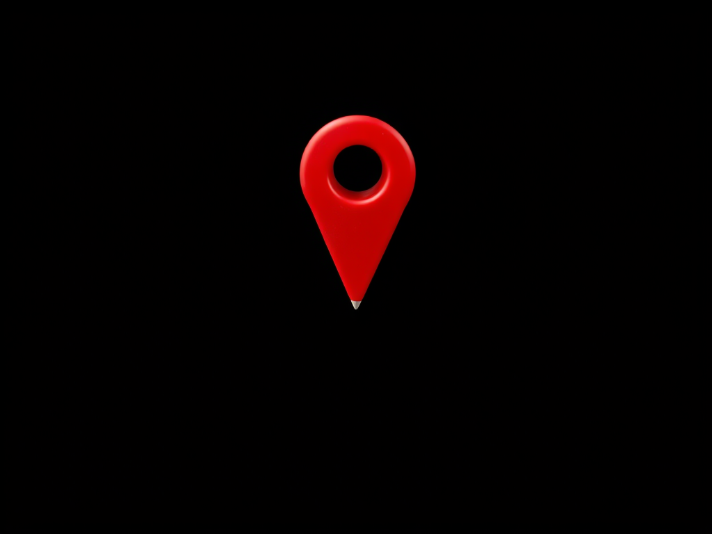 Create a high-resolution image of a red location pin against a black background, using a DSLR camera with a 50mm lens, f/1.8 aperture, ISO 100, and a shallow depth of field.