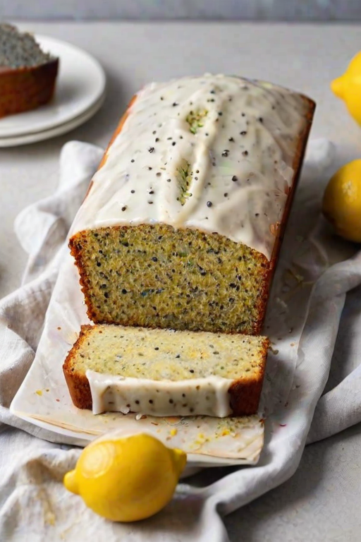 Generate an image of a freshly baked lemon poppy seed loaf cake with a light glaze on top. The cake should be sliced to show its moist, textured interior, with poppy seeds visible throughout. Display the cake on a neutral background, complemented by some lemon slices for decoration.