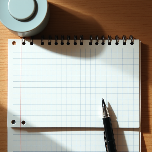 high quality blank spiral notebook page with grid lines, ISO 100, f/8 aperture, 50mm lens, top-down view, DSLR camera, natural light, sharp focus