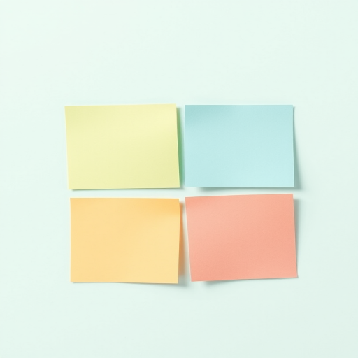 Create an image of four sticky notes arranged in a square layout, colors being mint green, soft yellow, pastel blue, and coral, with slight shadows for depth, using a Canon EOS R5 camera, aperture f/8, ISO 100, 35mm lens, with a shallow depth of field and high resolution for clarity.