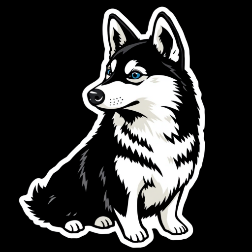 generate sticker, 3D black and white yakutian laika dog breed, black background