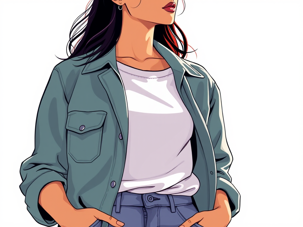 illustration of a stylish woman in casual attire, standing confidently with one hand in her pocket, soft natural light, focal length 50mm, aperture f/2.8, ISO 100, shot from eye level, digital illustration style, vibrant color palette