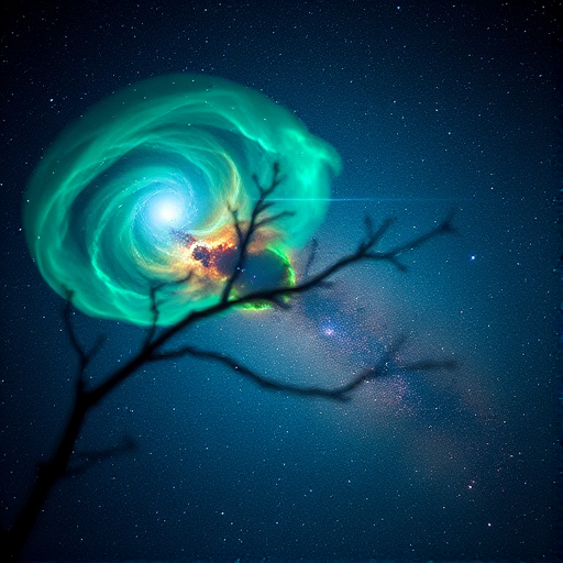 Generate a high-resolution image of a vibrant galaxy scene with swirling green and blue nebulae, scattered bright stars, and a rich cosmic backdrop using a DSLR camera, 24mm lens, f/2.8 aperture, ISO 1600, and a long exposure of 15 seconds for enhanced detail and light capture.