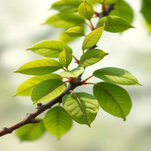 Create a detailed illustration of a branch with green leaves, using a high-resolution setting, macro view, digital art style, and a DSLR camera type.
