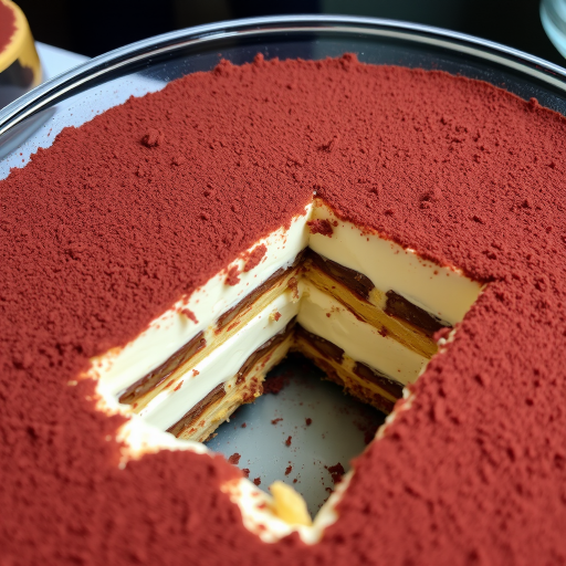 A close-up view of a delicious layered tiramisu dessert in a glass dish showcasing the rich chocolate dusting on top and the creamy layers beneath with a portion cut out revealing the texture and layers inside.
