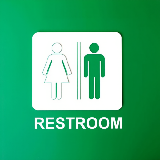 Create a high-resolution restroom sign featuring a stylized woman and man icon, green background, sharp contrast, DSLR camera settings: ISO 100, f/8, 1/200s, 24mm lens, overhead view, minimalistic style.